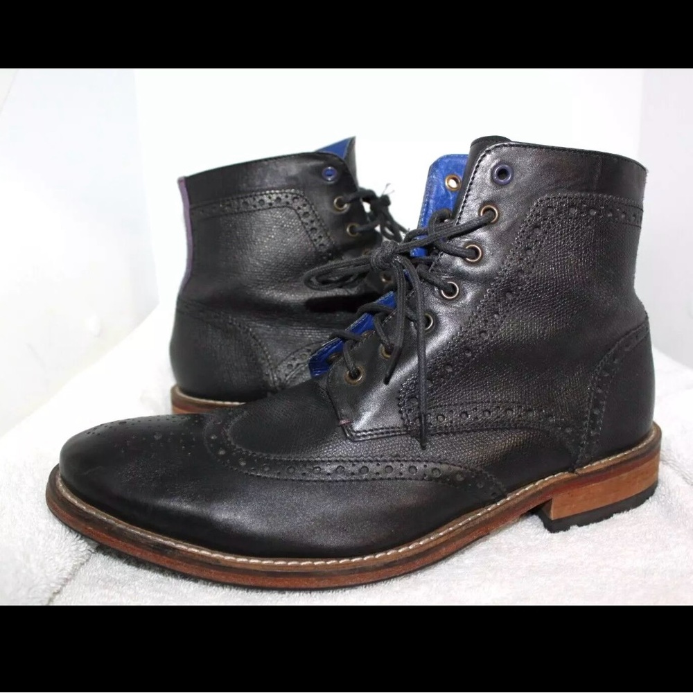 Mens Ted Baker Sealls 2 Black Leather Wingtip Brogue Boots Size 10 Narrow
